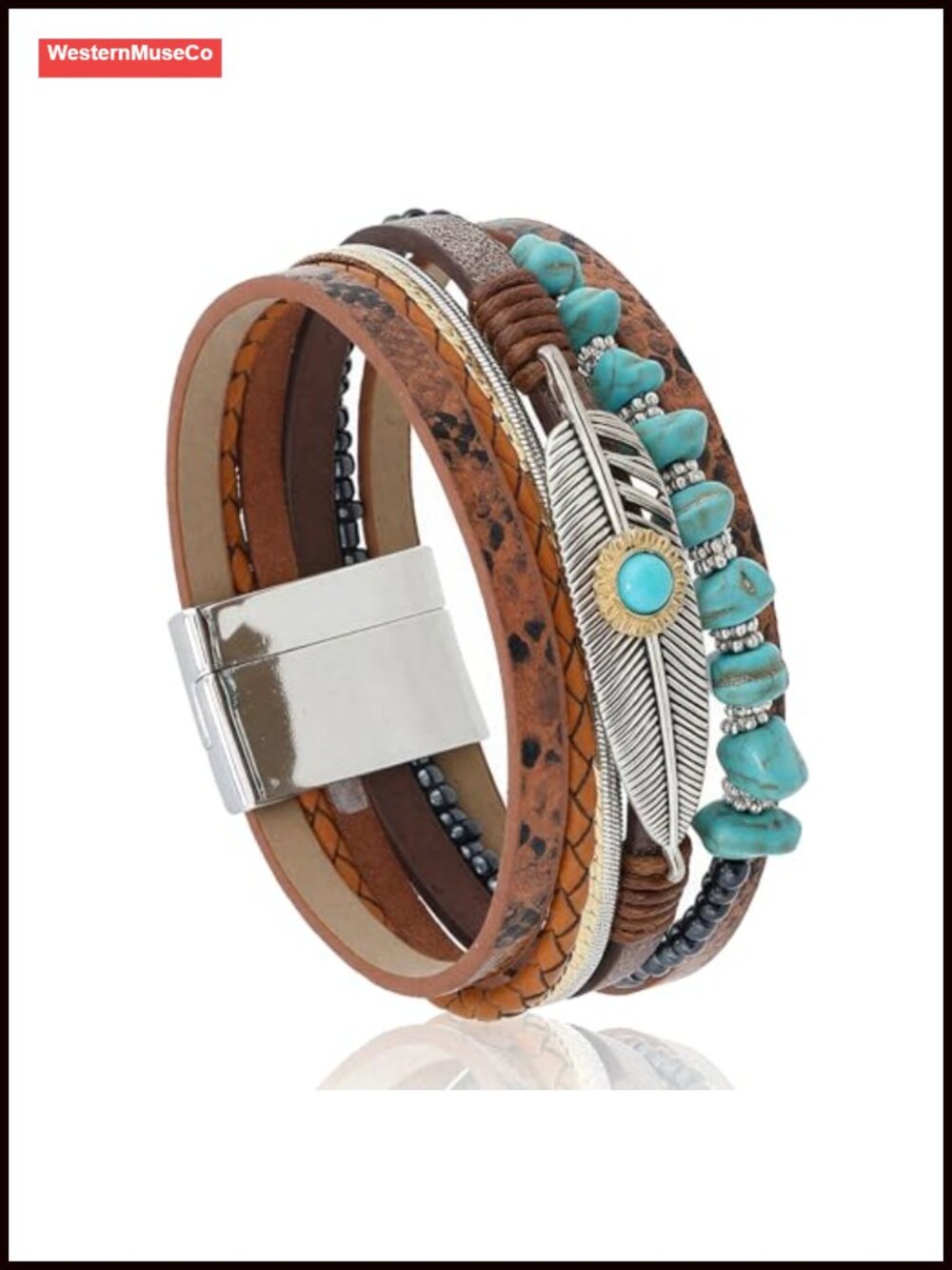 Boho Multilayer Leather Cuff Bracelet Feather Magnetic Clasp